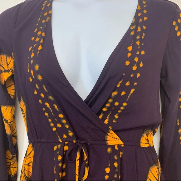 Lulus Long Sleeve Romper Small  Purple Orange Pockets Drawstring Surplice Travel - Picture 2 of 11